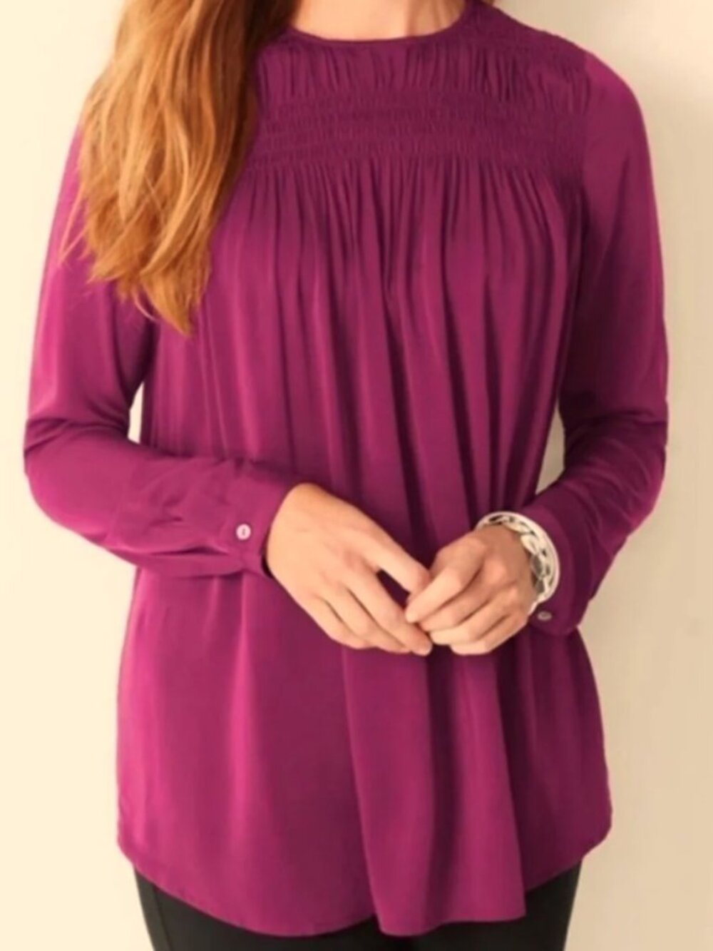 J. Jill Bohemian Smocked Peasant Tunic Blouse XL Pink Violet Purple top NWT